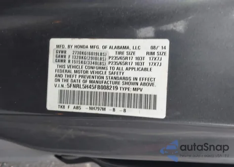 2015 Honda Odyssey Ex from USA, damaged, VIN 5FNRL5H45FB008219